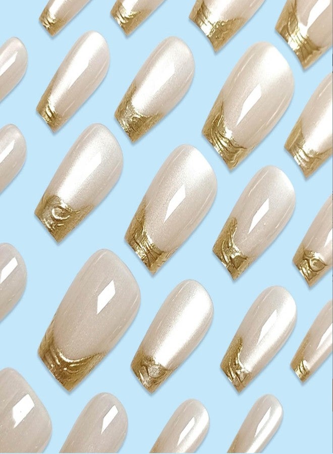 YoYoee 24Pcs-Short Square Press on Nails - French Cat's Eye False Nails | Glossy Bling Fake Nails for Women Elegant & Durable Artificial Nails for Instant Manicure - Image 4